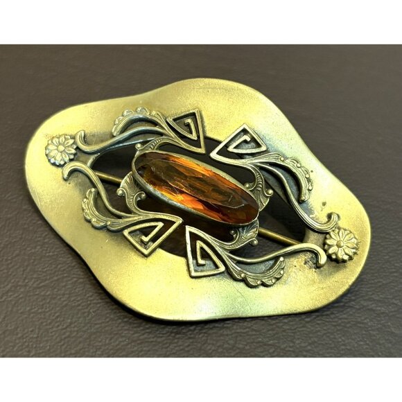 Antique ART NOUVEAU DECO Yellow Czech Glass Brass Sash Pin BROOCH Vintage - Picture 3 of 7